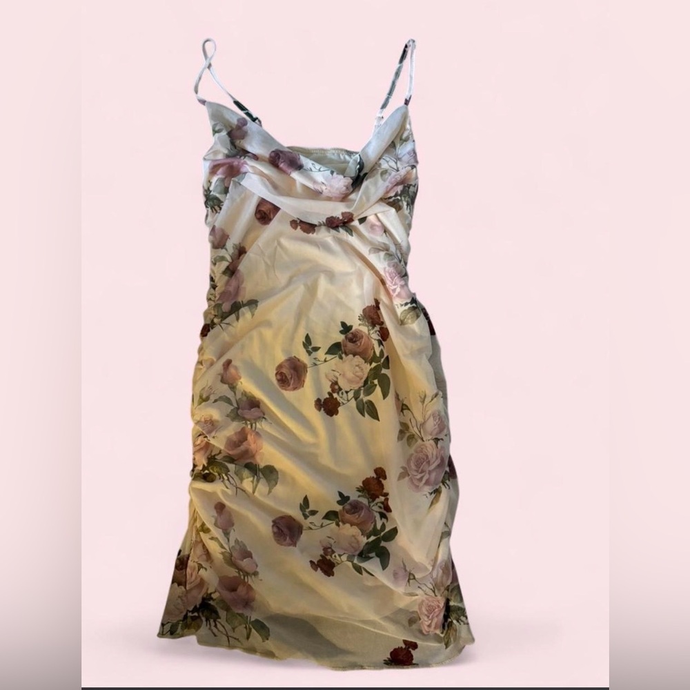 SHEIN Cream Satin Slip Dress with Rose-Print Accents